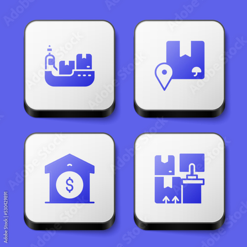 Set Cargo ship with boxes delivery, Location cardboard, Warehouse price and icon. White square button. Vector