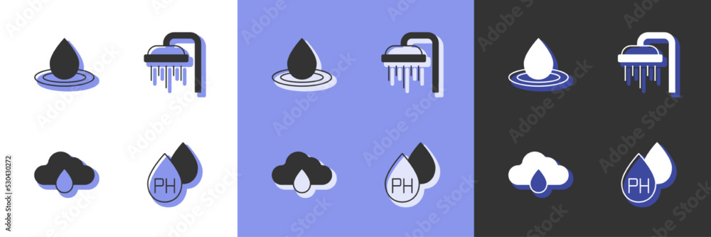 Set Water drop, Cloud with rain and Shower icon. Vector