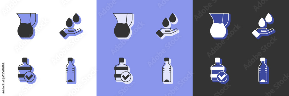 Set Bottle of water, Jug glass with, Big bottle clean and Washing hands soap icon. Vector Set Bottle of water, Jug glass with, Big bottle clean and Washing hands soap icon. Vector
