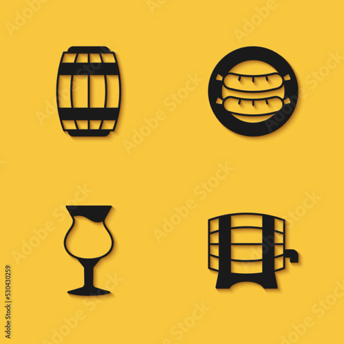 Set Wooden barrel, on rack, Glass of beer and Sausage icon with long shadow. Vector