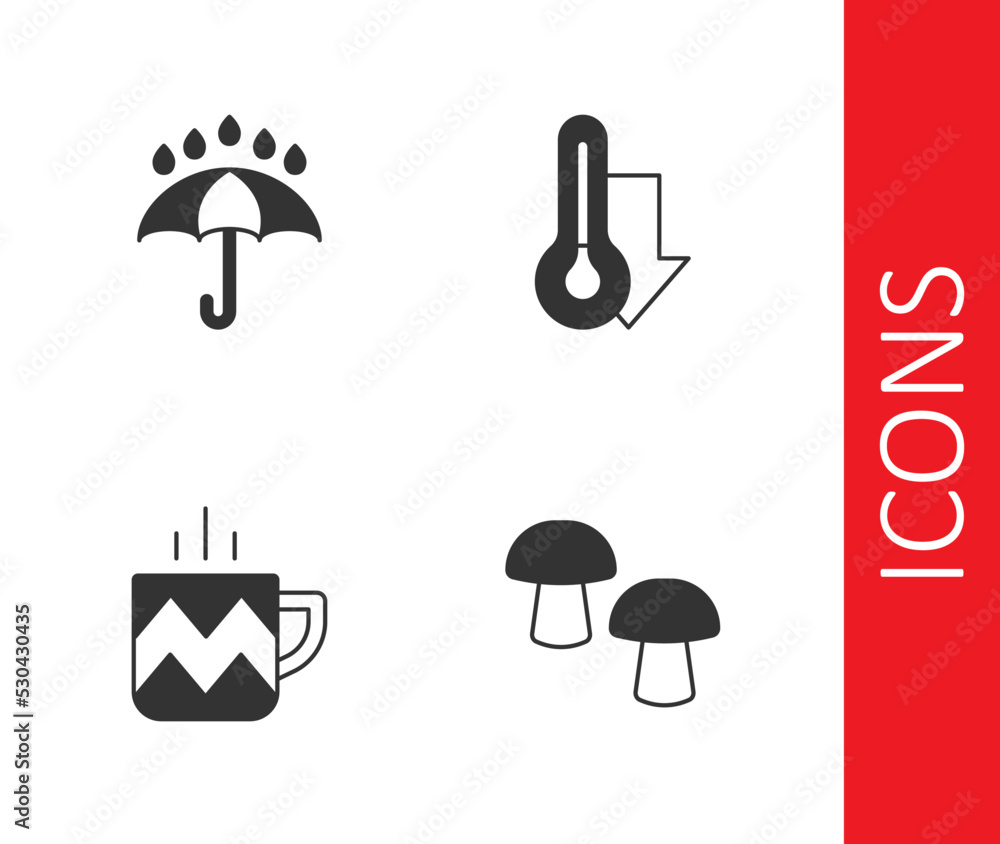 Set Mushroom, Umbrella and rain drops, Cup of tea and Thermometer icon. Vector Set Mushroom, Umbrella and rain drops, Cup of tea and Thermometer icon. Vector