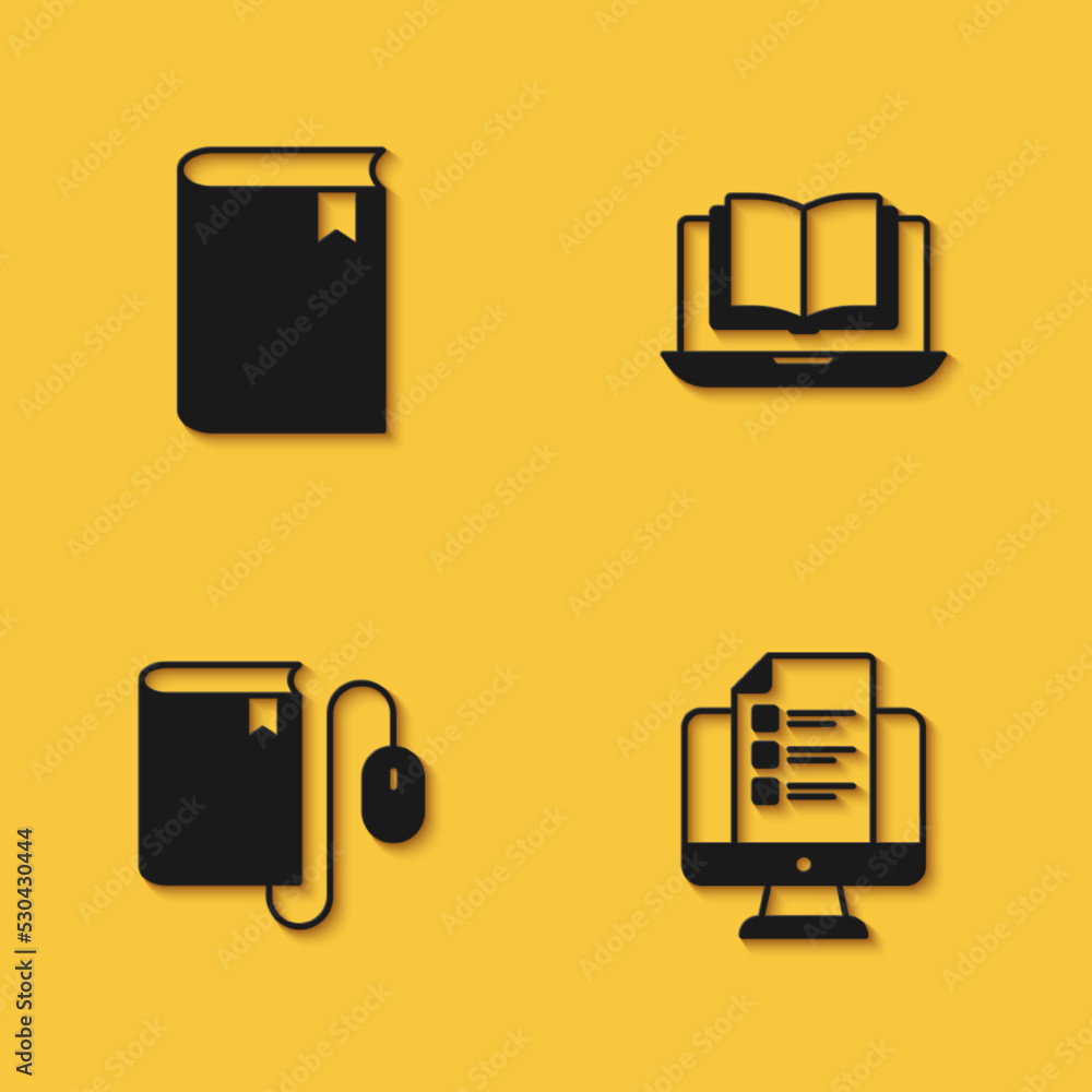 Set Book, Online quiz, test, survey, Electronic book with mouse and class icon with long shadow. Vector