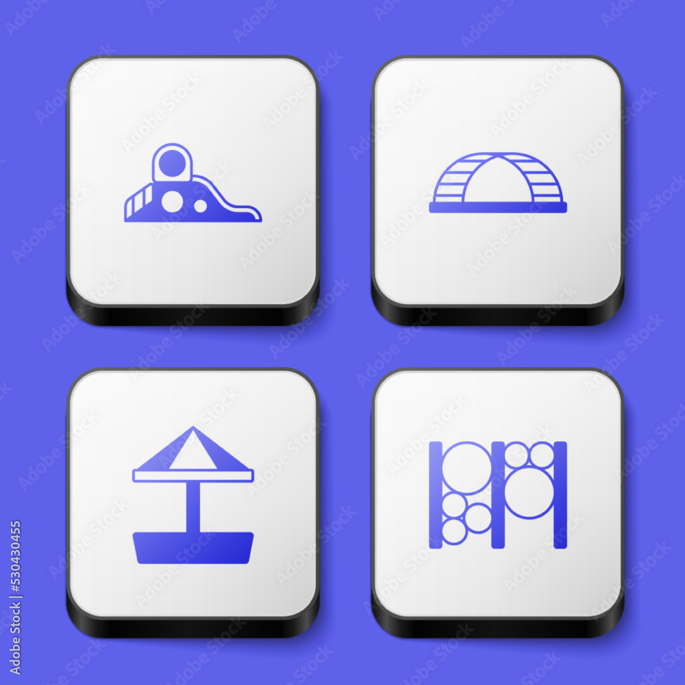 Set Slide playground, Monkey bar, Sandbox with sand and Playground climbing equipment icon. White square button. Vector Set Slide playground, Monkey bar, Sandbox with sand and Playground climbing equipment icon. White square button. Vector