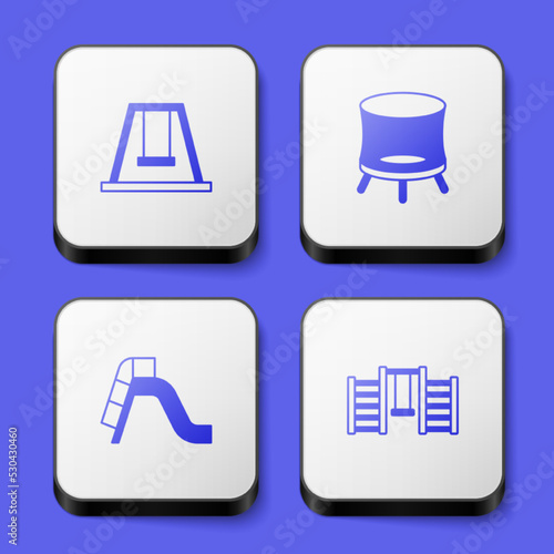 Set Swing for kids, Jumping trampoline, Slide playground and Swedish wall icon. White square button. Vector