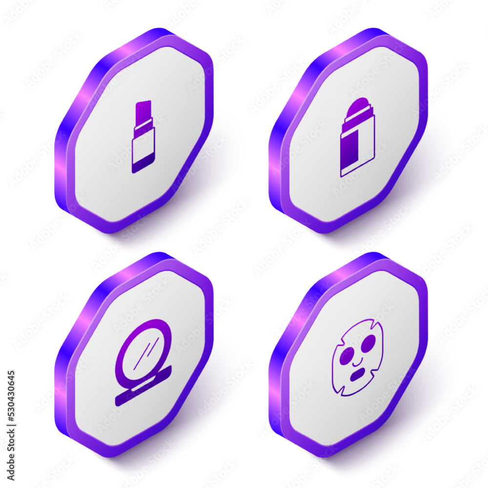 Set Isometric Lipstick, Deodorant roll, Makeup powder with mirror and Facial cosmetic mask icon. Purple hexagon button. Vector Set Isometric Lipstick, Deodorant roll, Makeup powder with mirror and Facial cosmetic mask icon. Purple hexagon button. Vector