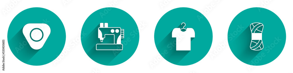 Set Sewing chalk, machine, T-shirt on hanger and Yarn icon with long shadow. Vector Set Sewing chalk, machine, T-shirt on hanger and Yarn icon with long shadow. Vector