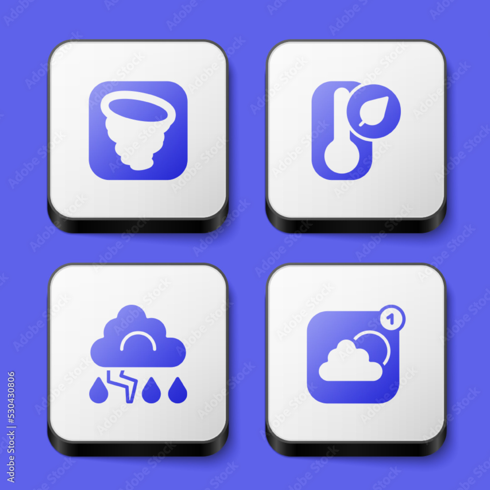 Set Tornado, Thermometer, Cloud and lightning and Weather forecast app icon. White square button. Vector Set Tornado, Thermometer, Cloud and lightning and Weather forecast app icon. White square button. Vector