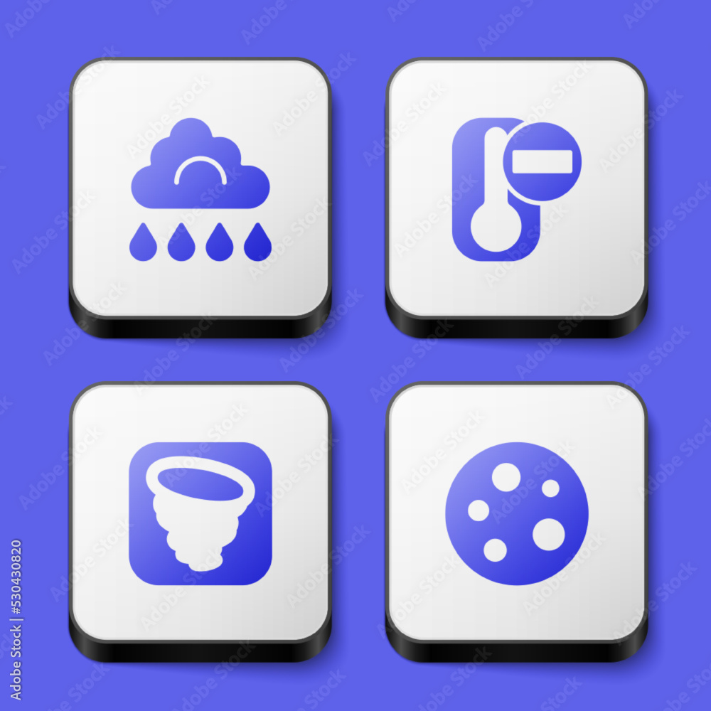 Set Cloud with rain, Thermometer, Tornado and Moon icon. White square button. Vector Set Cloud with rain, Thermometer, Tornado and Moon icon. White square button. Vector