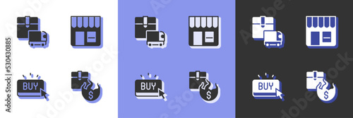 Set Hot price, Delivery cargo truck, Buy button and Market store icon. Vector