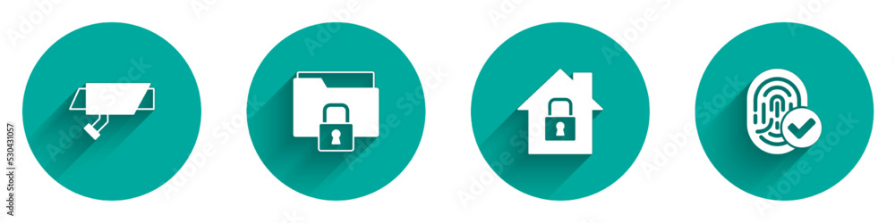 Set Security camera, Folder and lock, House under protection and Fingerprint icon with long shadow. Vector Set Security camera, Folder and lock, House under protection and Fingerprint icon with long shadow. Vector