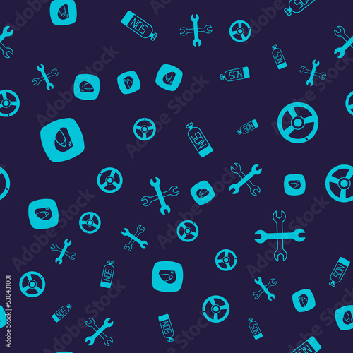 Set Racing helmet, steering wheel, Nitrous oxide and Wrench spanner on seamless pattern. Vector