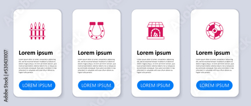 Set Round shield, Blacksmith oven, Horseshoe and Classic iron fence. Business infographic template. Vector