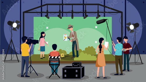 Vector illustration of a curious filming detective movie. Cartoon illustration with crew, actors, stage, camera and lighting.