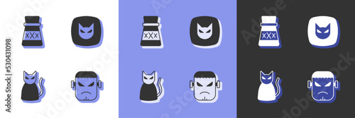 Set Frankenstein face, Bottle with potion, Black cat and icon. Vector