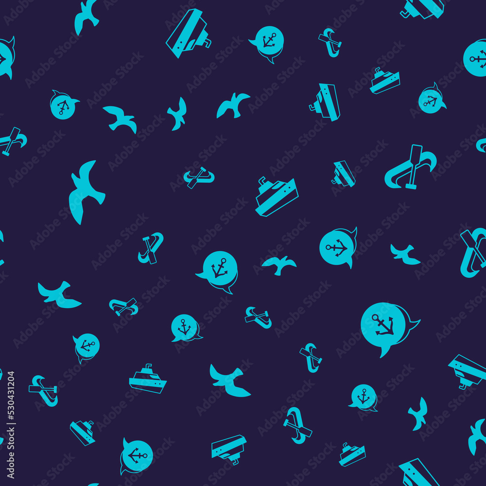 Set Bird seagull, Kayak and paddle, Speedboat and Anchor on seamless pattern. Vector Set Bird seagull, Kayak and paddle, Speedboat and Anchor on seamless pattern. Vector