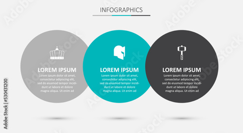 Set Medieval helmet, King crown and Battle hammer. Business infographic template. Vector