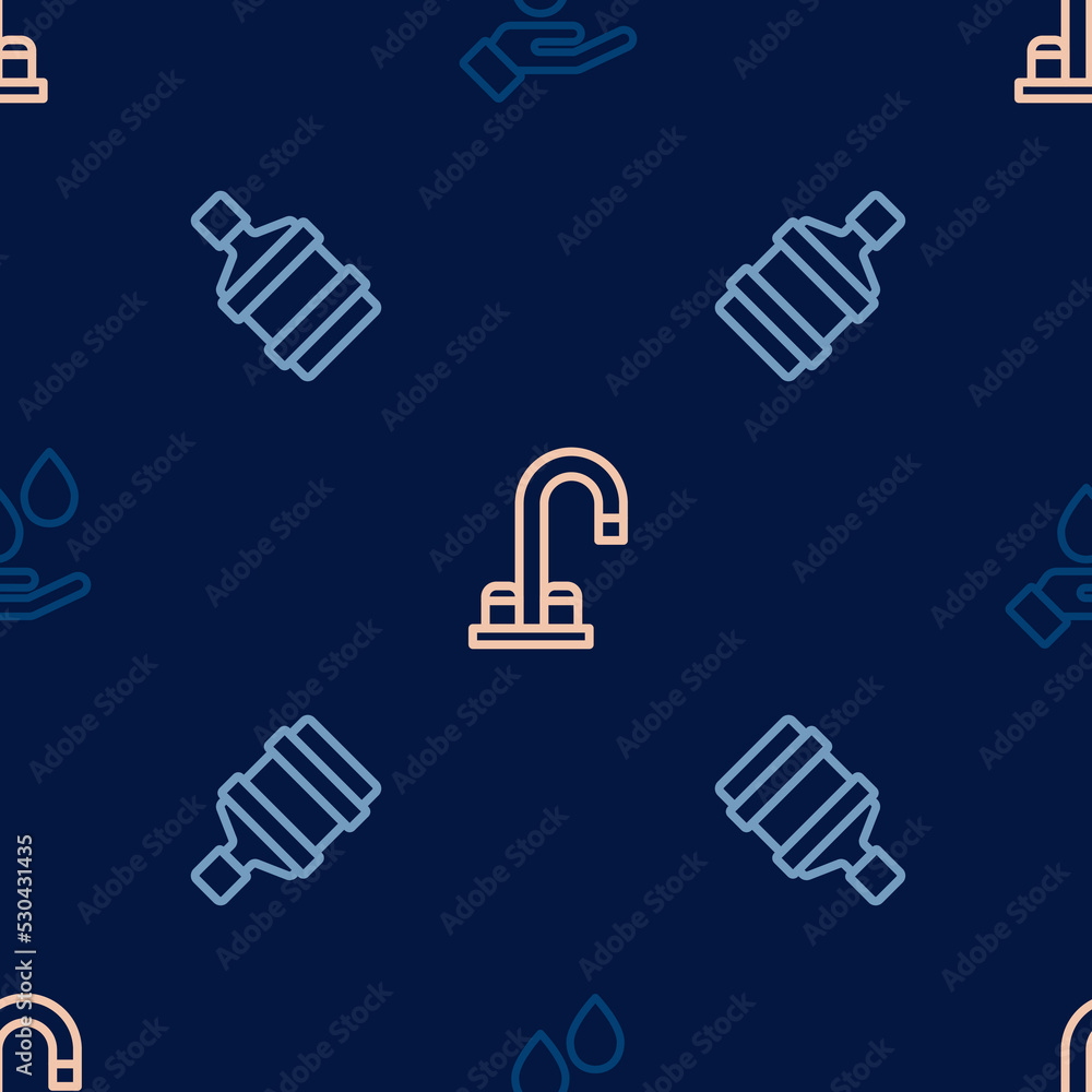 Set line Washing hands with soap, Big bottle clean water and Water tap on seamless pattern. Vector
