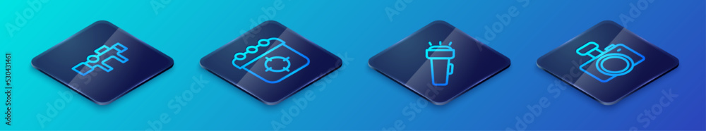 Set Isometric line Flashlight, Sniper optical sight, Photo camera and Target sport icon. Vector Set Isometric line Flashlight, Sniper optical sight, Photo camera and Target sport icon. Vector
