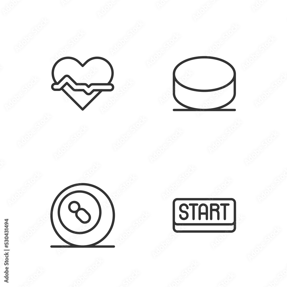 Set line Ribbon in finishing line, Billiard pool snooker ball, Heart rate and Hockey puck icon. Vector