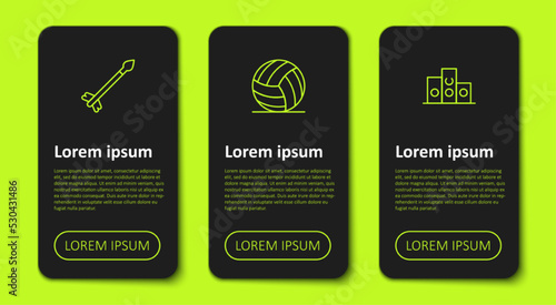 Set line Medieval arrows, Volleyball ball and Award over sports winner podium. Business infographic template. Vector