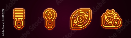 Set line LED light bulb, Light with leaf, Water energy and mill. Glowing neon icon. Vector