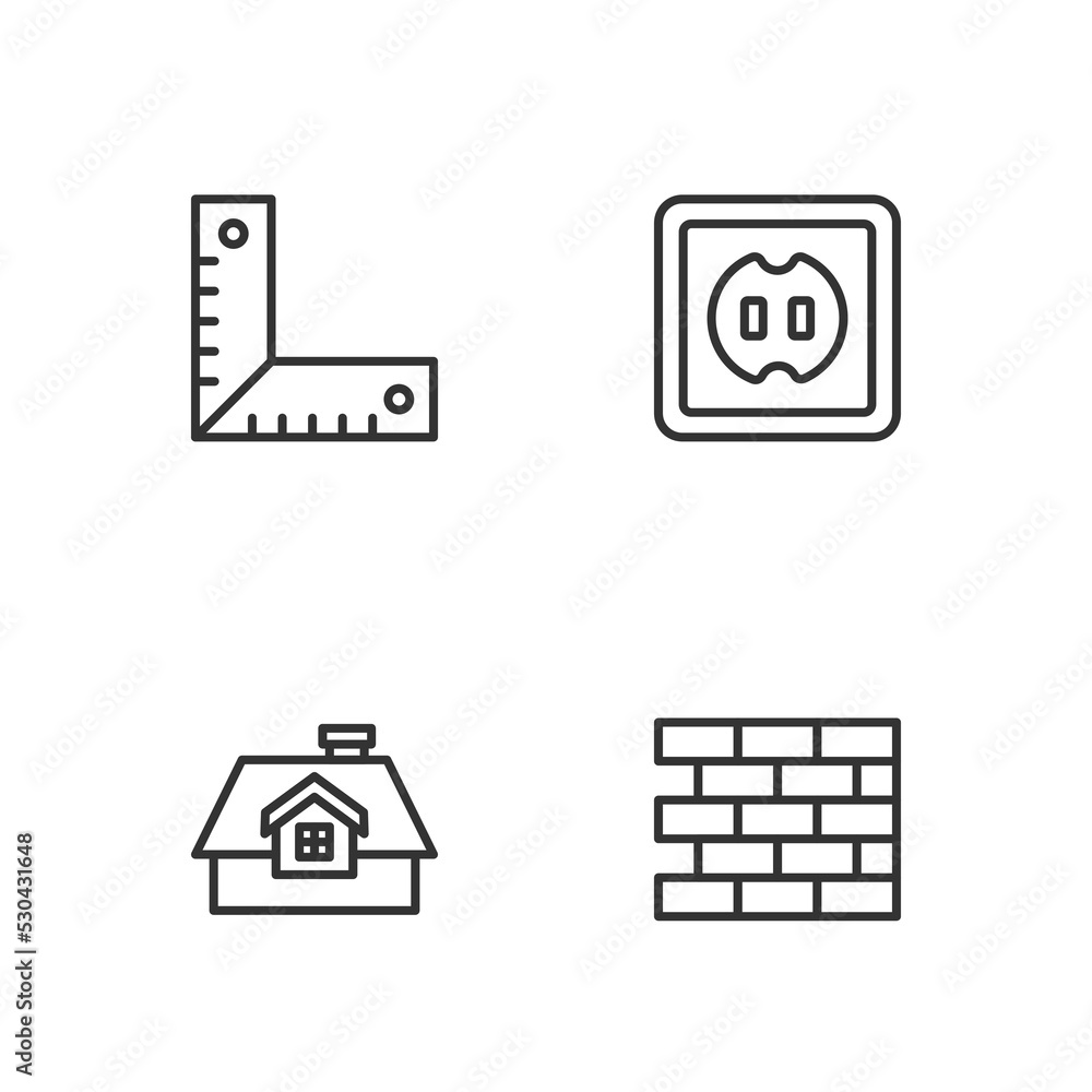 Set line Bricks, House, Corner ruler and Electrical outlet icon. Vector