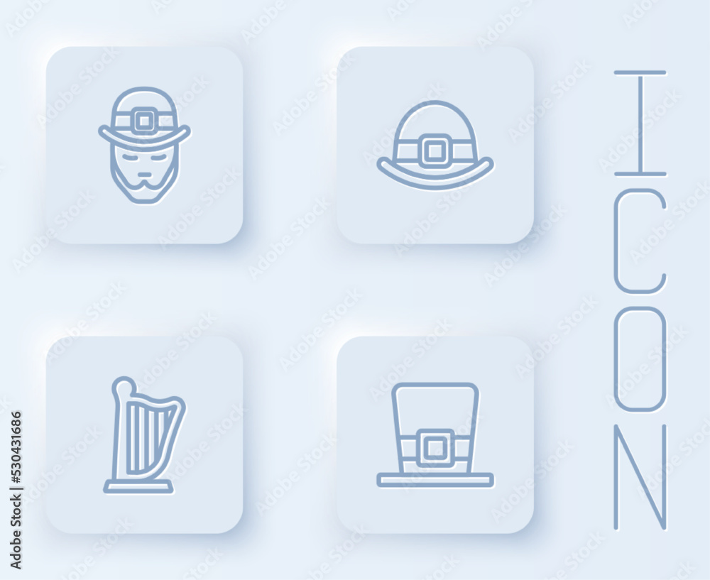 Set line Leprechaun, hat, Harp and . White square button. Vector Set line Leprechaun, hat, Harp and . White square button. Vector