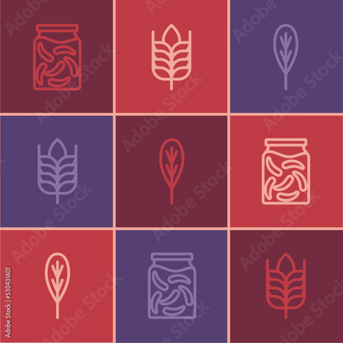 Set line Pickled cucumbers in a jar, Leaf and Wheat icon. Vector © Iryna