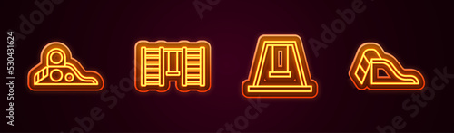 Set line Slide playground, Swedish wall, Swing for kids and . Glowing neon icon. Vector