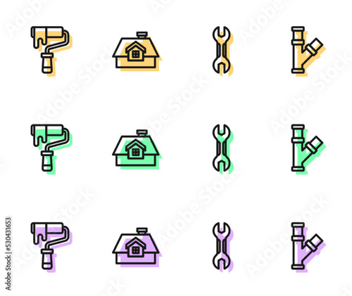 Set line Wrench spanner, Paint roller brush, House and Industry metallic pipe icon. Vector