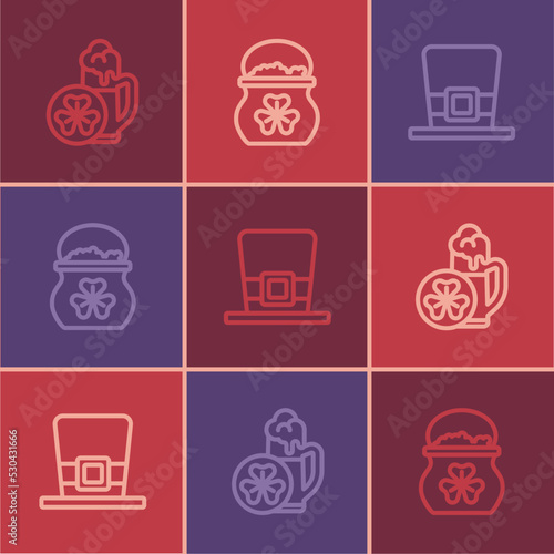 Set line Glass of beer, Leprechaun hat and Pot gold coins icon. Vector
