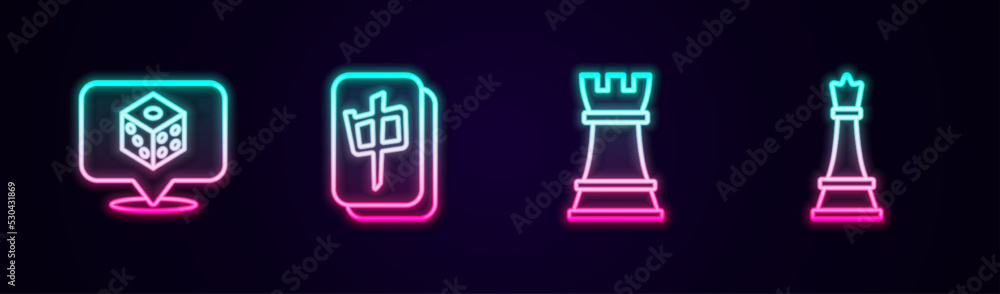Set line Game dice, Mahjong pieces, Chess and . Glowing neon icon. Vector Set line Game dice, Mahjong pieces, Chess and . Glowing neon icon. Vector
