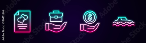 Set line Marriage contract, Hand holding briefcase, Money with shield and Flood car. Glowing neon icon. Vector