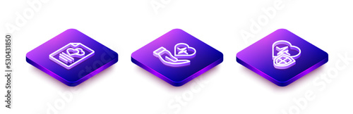 Set Isometric line Marriage contract, Life insurance in hand and with shield icon. Vector