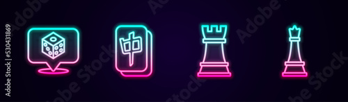 Set line Game dice, Mahjong pieces, Chess and . Glowing neon icon. Vector