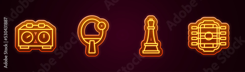 Set line Time chess clock, Racket, Chess and Table football. Glowing neon icon. Vector