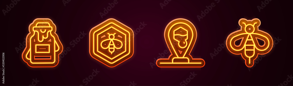 Set line Jar of honey, Bee and honeycomb, Honeycomb bee location and . Glowing neon icon. Vector Set line Jar of honey, Bee and honeycomb, Honeycomb bee location and . Glowing neon icon. Vector