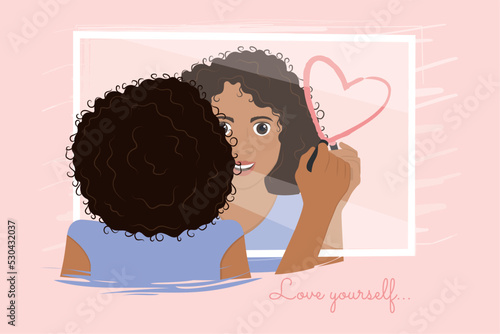 Afro american girl looking at herself on mirror Self love Vector