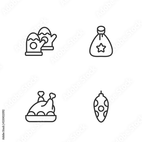 Set line Christmas toy, Roasted turkey or chicken, mittens and Santa Claus bag gift icon. Vector
