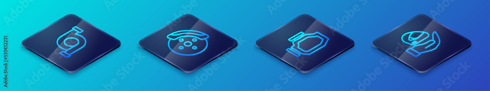 Set Isometric line Check engine, Automotive turbocharger, Racing helmet and Car brake disk with caliper icon. Vector Set Isometric line Check engine, Automotive turbocharger, Racing helmet and Car brake disk with caliper icon. Vector