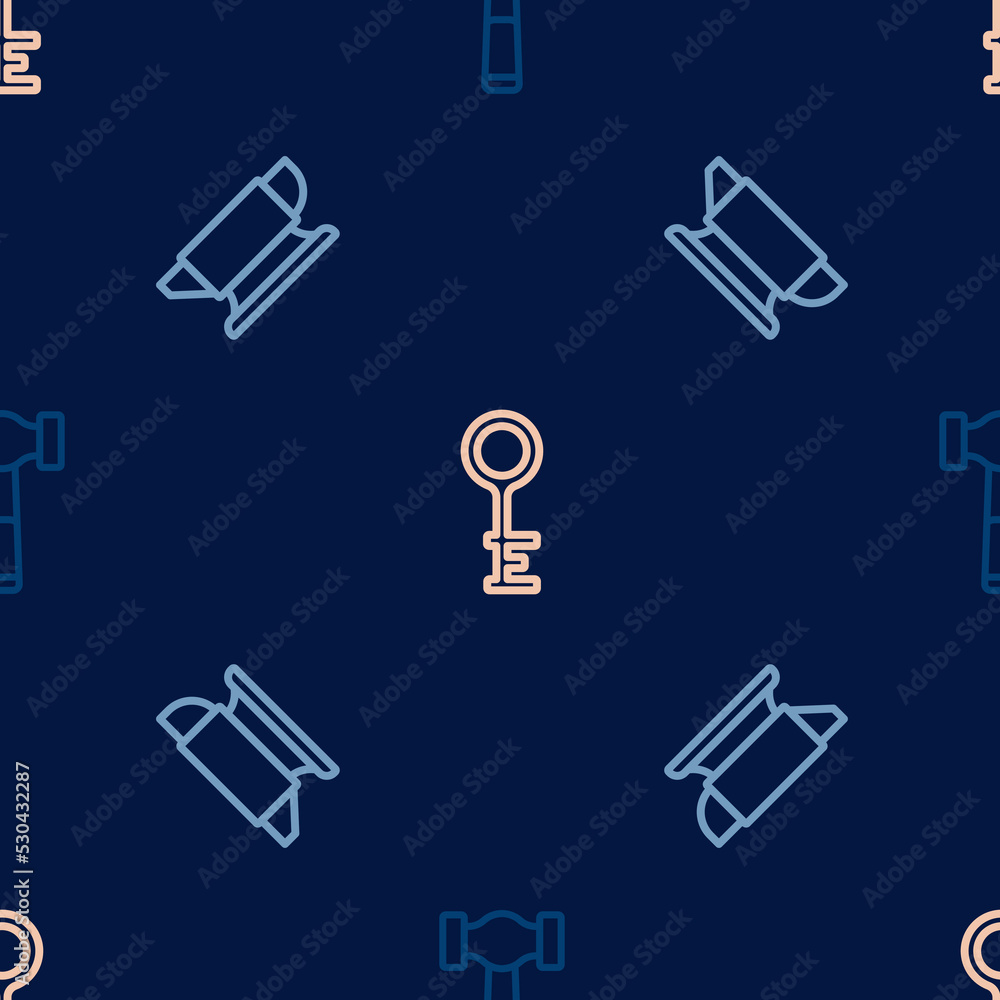 Set line Hammer, Blacksmith anvil tool and Old key on seamless pattern. Vector Set line Hammer, Blacksmith anvil tool and Old key on seamless pattern. Vector