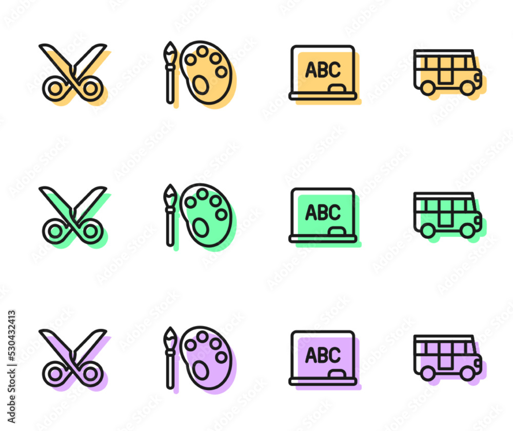 Fototapeta premium Set line Chalkboard, Scissors, Paint brush with palette and School Bus icon. Vector
