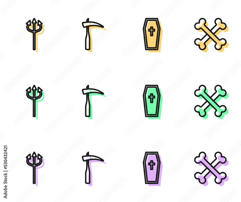 Set line Coffin with christian cross, Trident devil, Scythe and Crossed bones icon. Vector Set line Coffin with christian cross, Trident devil, Scythe and Crossed bones icon. Vector