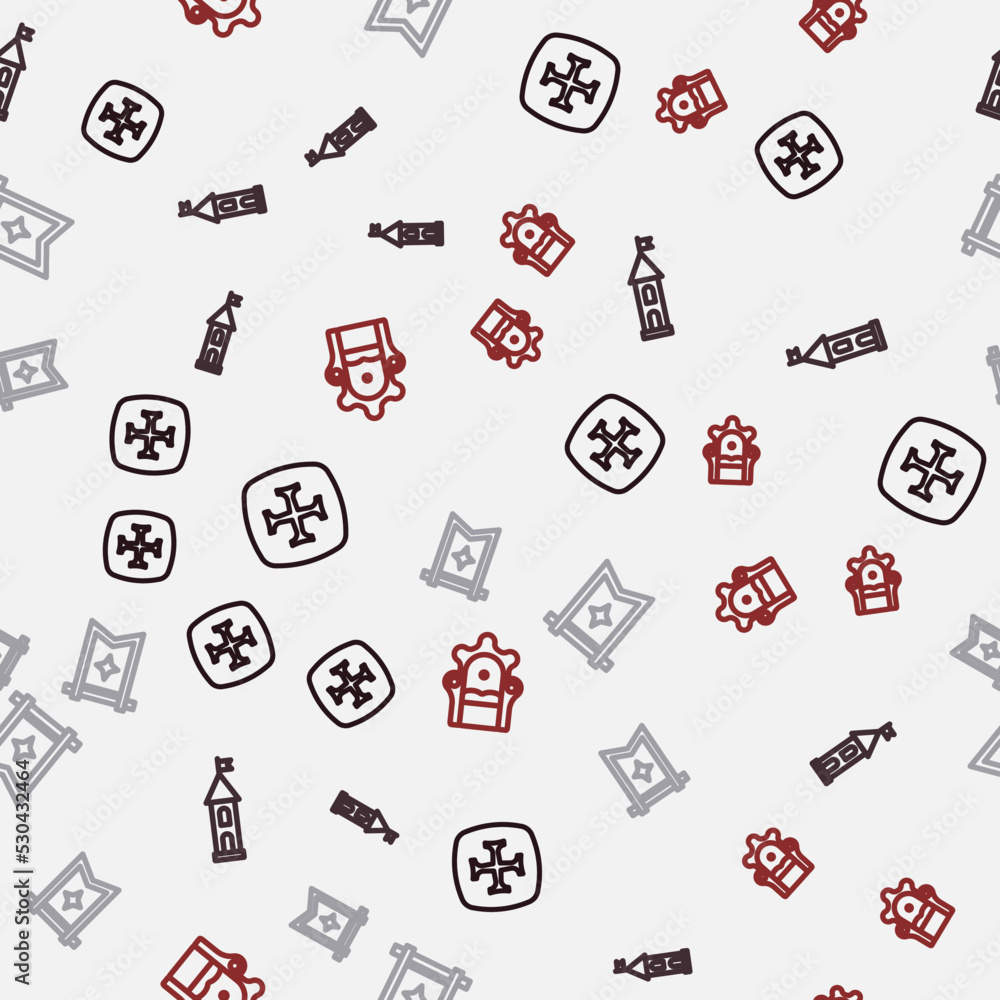 Set line Crusade, Castle tower, Medieval flag and throne on seamless pattern. Vector Set line Crusade, Castle tower, Medieval flag and throne on seamless pattern. Vector