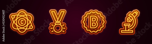 Set line Atom, Medal, Exam paper with incorrect answers and Microscope. Glowing neon icon. Vector