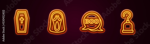 Set line Coffin with christian cross, Funny and scary ghost mask, Boo speech bubble and Pirate hook. Glowing neon icon. Vector