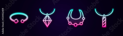 Set line Bracelet jewelry, Pendant on necklace, Necklace and . Glowing neon icon. Vector