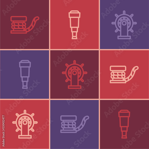 Set line Marine bollard with rope, Ship steering wheel and Spyglass telescope lens icon. Vector