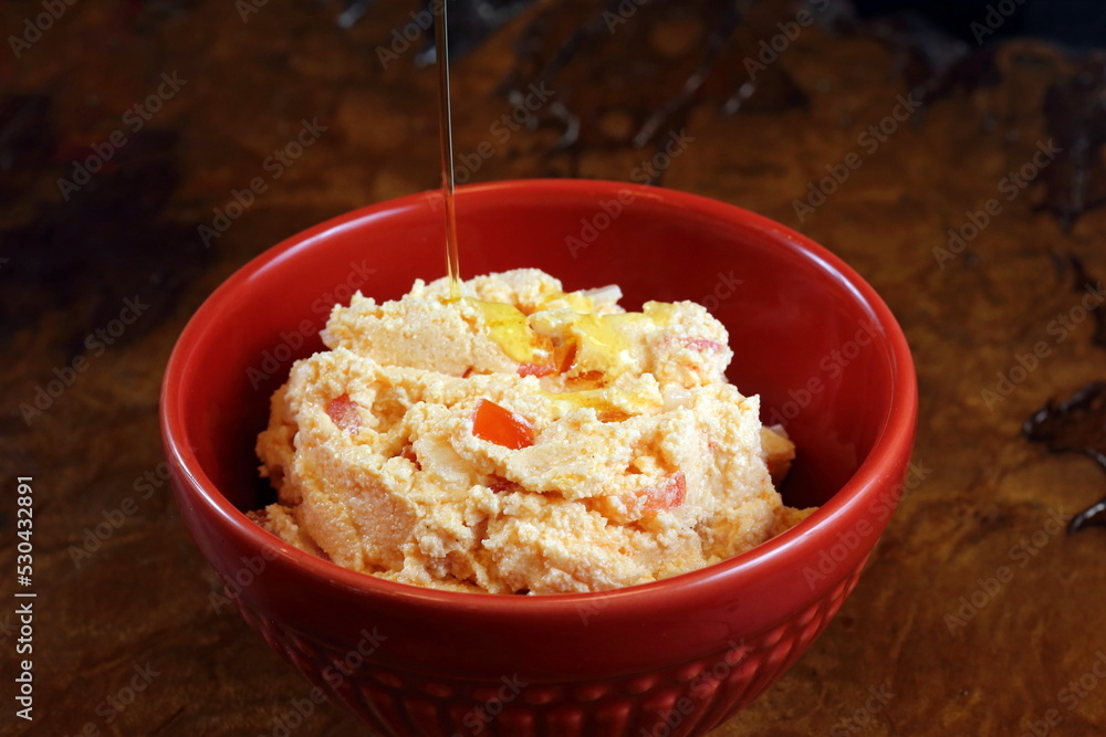 Chancliche, Arabic cheese seasoned with olive oil and toast Chancliche, Arabic cheese seasoned with olive oil and toast