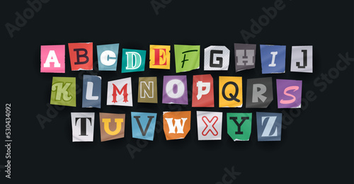 Paper style ransom note letter. Cut Letters. Clipping alphabet. Vector font.